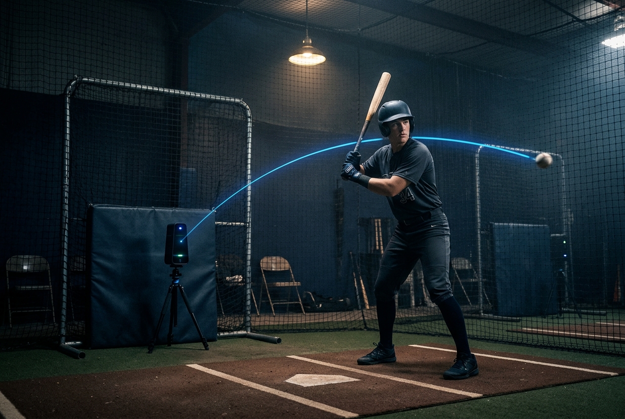 Batter in a dark indoor cage with a radar tracking unit and a glowing pitch-trajectory arc