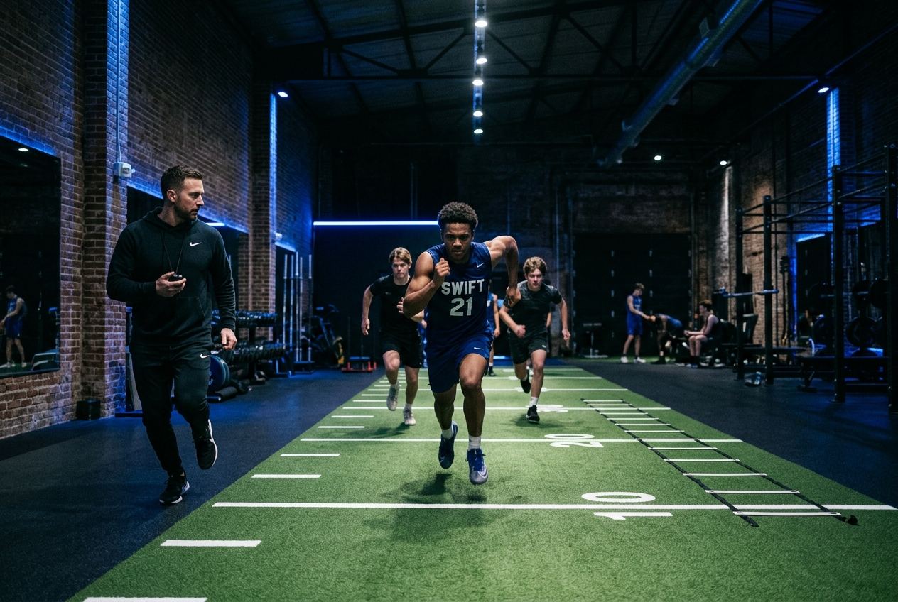 Young athletes at the start line of an indoor sprint lane